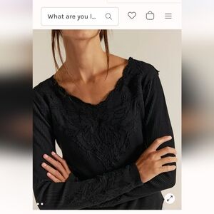 Free People Black Long Sleeve Embroidered Butterfly Cuff Thermal Top